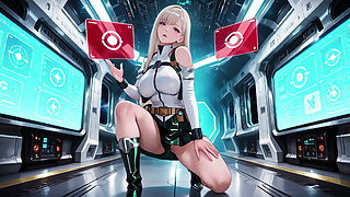 Private moments inside the futuristic spaceship where her white uniform is stretched to perfection.