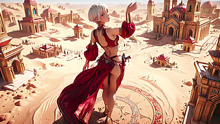 Desert Fantasy! Silver-haired Saintess's Private Dance in the Red-Gold Palace, light ribbons wrapping around her.