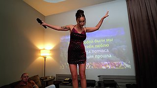 Curvy chick gets roughly laid in a gangbang at a karaoke