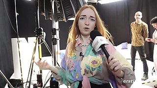 Blonde with pierced nipples kisses then takes doggy on a real life sex game show