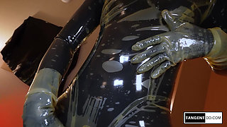 TANGENTOD Glossy Catsuit Women Dominate Masked Man With Inflatable Hose Play