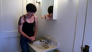 Amateur busty brunette masturbates and does hand job