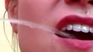 Blonde teen gets her mouth full of cum and piss