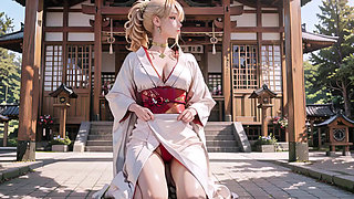 Kneeling under the Torii gate in a beige modified kimono, she touches her chest and traces her collarbon