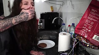 Fucked my sexy brunette stepmom in her ass in the kitchen when he husband called her