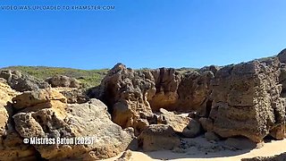 Blonde MistressBaton Whipping Slave in Swimsuit on Sunny South Africa Beach - BDSM Femdom Punishment