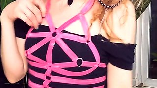 Solo stockings babe masturbates with dildo