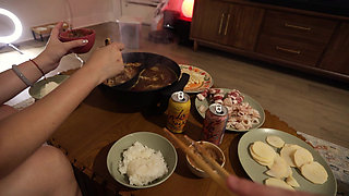 Hot Chinese Wife Prepares Hot Pot.... Eats Stepdaddy's Cum with Her Chopsticks