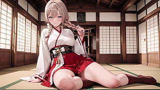Red & White Miko! Forbidden Encounter at the Shrine, Golden Hair Trembling Under Sacred Robes, From Solemn Kneel to Blurry Gaze