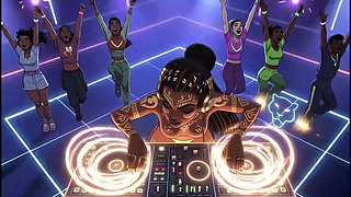 AI- DJ Girls in Private Exclusive Party - Beach Sunset + Tron Futuristic  + Tokyo Neon