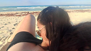 MILF Sucks Cock and Swallows Cum on the Beach POV