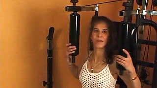 Brunette chick enjoys exercising and masturbating