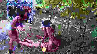 Outdoor Femdom Threesome: Kicking the Slave on the Ground