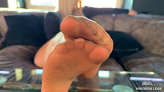 My Sunny Pantyhose Soles Teasing You on the Glass Table