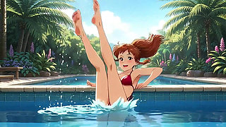 AI Girl Sensually on the Pool - Studio Ghibli Style