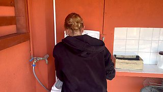 WASHING MACHINE ROOM - THE NEIGHBOUR SUCKS COCK AND I CUM IN HER