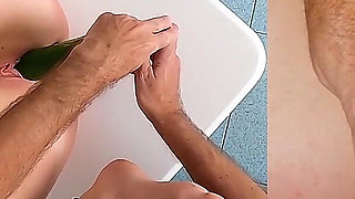 The Vegetable Slave Gets a Double Penetration with Cucumber, Stuck Deep in Her Pussy and Ass