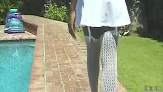 Brunette Ebony Nurse Girl with Big Tits has Hot Sex Outdoors by the Pool - Big tits