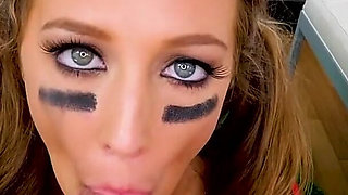 Cheerleader teen Febby Twigs cheerleader deepthroat POV blowjob and cum swallow