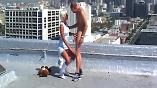 Blonde MILF Squirts While Riding Cock on Rooftop