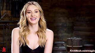 Locked on the table blond hair girl gets toyed