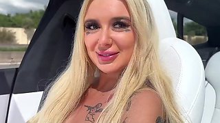 Big boobs blonde looks trashy AF and takes dick like a slut IN A MOVING CAR