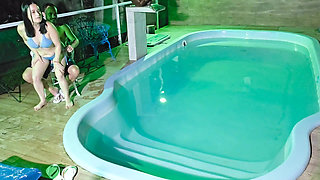 Caught in the Act! Two Brunettes Caught Masturbating in the Condo's Pool
