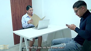 Sexy Buxom Bootylicious Secretary Entertains a Client With Hot Sex While He's Waiting For Her Boss