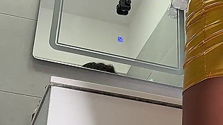 Hot Sexy Braless All Natural Big Tits Ebony Real College Girl in a Shiny Latex Gold Mini Skirt Goes Panties off Multiple Cameras