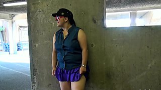 Short and thick brunette outdoor pising and public flashing