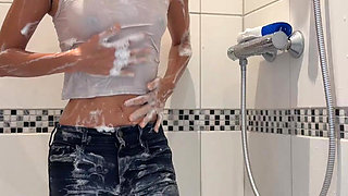 Clothed Shower: Skinny Asian Wet Look in Wet Jeans & Wet Top - Solo Shower Show & Wet Body Admiration