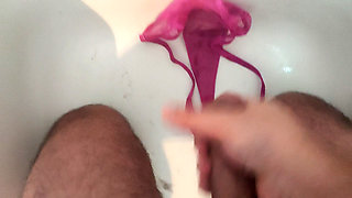 Handjob on the beautiful pink thong my cousin's girlfriend thong tanga panties sperm