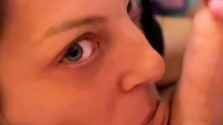 Wife Gives Full Oral Service - She Worships His Big Cock and Balls Until He Shoots Between Her Soft Breasts