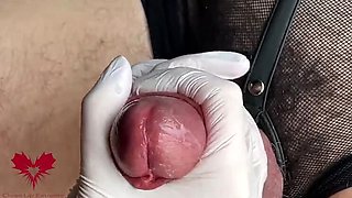 Amateur German Handjob with White Latex Gloves - Big Cock Close-Up & Squirting Sperm
