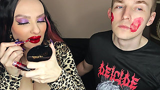 Juicy Sticky Loud Aggressive Kisses All Over a Guy's Face with Red Lipstick