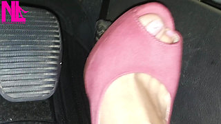 Barefoot Driving and Revving in Vivid Pink High Heeled Sandals
