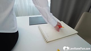 Brunette in fishnet stockings gets fucked doggy style by her boss on desk - Homemade HD video