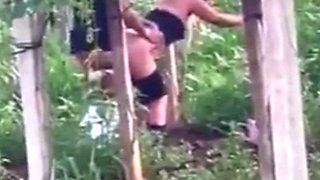 Spying blonde hooker fucking in the woods