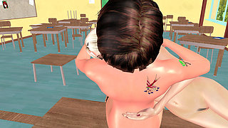 Animated 3D Lesbian Porn - Girl on Table Nipple Sucking & Pussy Fingering in Classroom