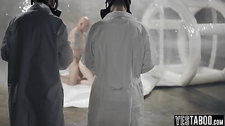 Petite redhead beauty knocked up in a breeding pod by mature stud