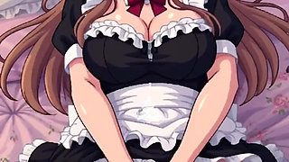 Hot Asian cosplay maid masturbates on the bed, pixelart