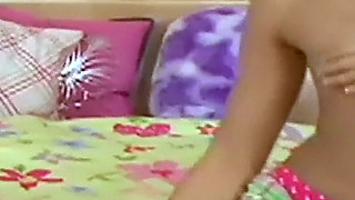 Two Dildos Shared Four Ways on the Flower Print Bed - Redhead and Brunettes Keep Their Knee Socks on