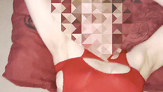 Wife in Red Mini Dress and Chastity Husband, Playing with Big Dildo