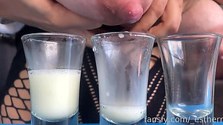 Filling Three Glasses with Fresh Breast Milk From My Full Breasts