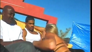 Young Blonde Enjoys with Two Monster Black Cocks Inside Her Ass and Pussy and Two More Cum in Her Mouth