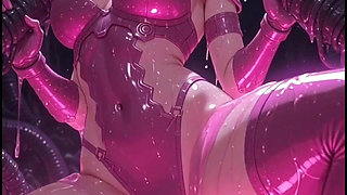Pink Anime Girl Elf in Pink Combat Suit, Gets Rubbed by Hoses
