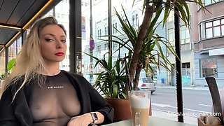 Flashing tits in cafe with glass walls so all people