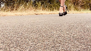 Crossdresser husband bridal stockings  suspenders heels panties bra dressed sexy outdoor flashing