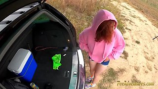 Smoking Redhead with Full Bladder Pisses Outdoors