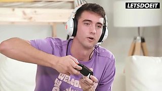Lady Gang Fucks Virgin StepBro During Video Game - POV Riding & Cum on Tits